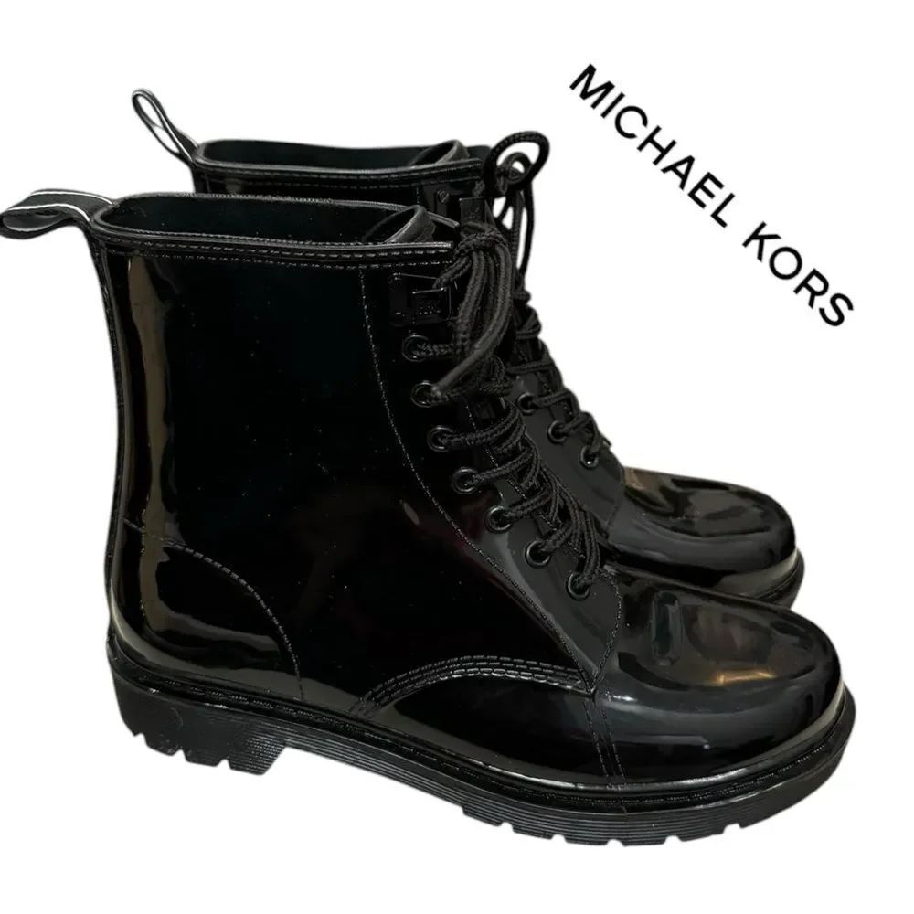 Michael Kors Women's Tavie MK Contrast Black Patent Lace Up Combat Rain Boots 8